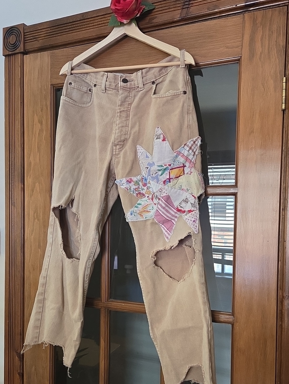 WanderBird Custom Warm Tan Jeans w Patchwork Upcycle - Fits Like Size 8/10